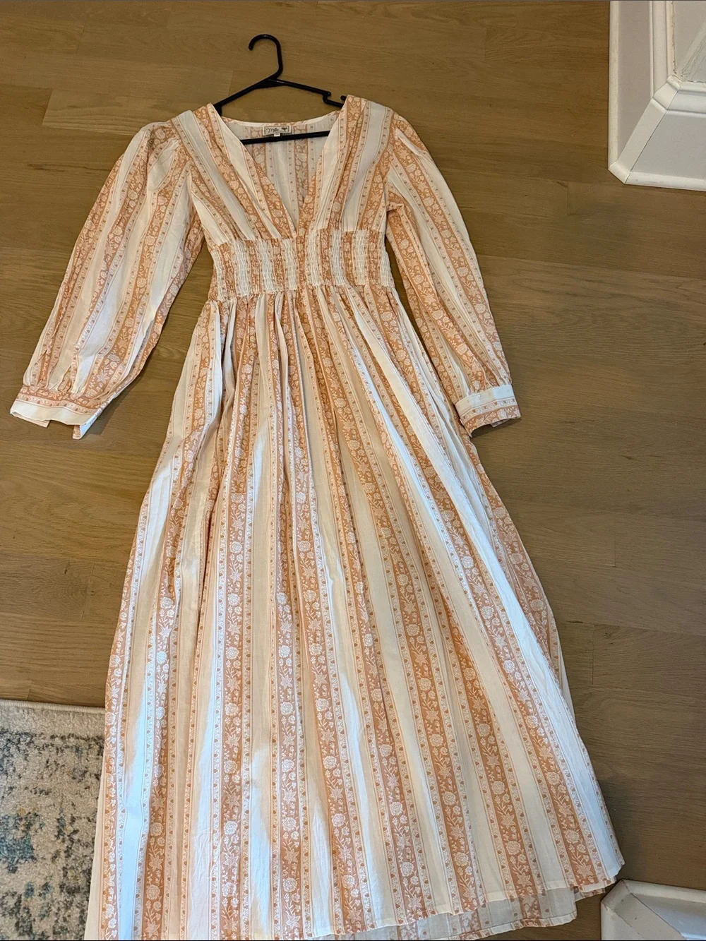 Boho V-Neck Smocked Maxi Dress in Cream and Tan